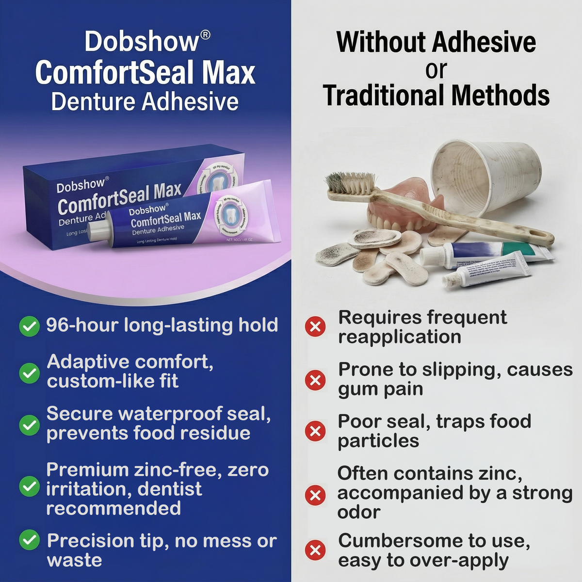 🧑‍⚕️Dobshow® 🦷ComfortSeal Max Denture Adhesive—96-hour long-lasting, heat adaptive technology